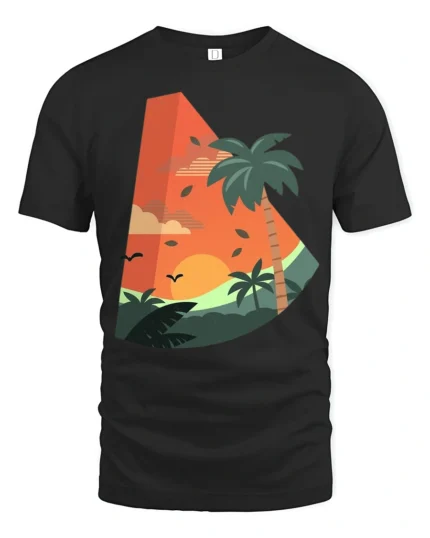 Tropical Sunset Palm Tree Graphic Tee Retro Summer Vibe - black t-shirt on white background