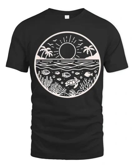 Ocean Sunset Marine Life Graphic Tee Coastal Nature Style - black t-shirt on white background