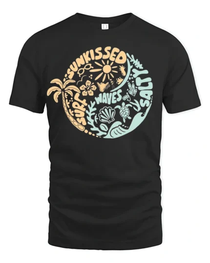 Sun Kissed Surf Waves Sand Graphic Tee Beach Summer Style - black t-shirt on white background