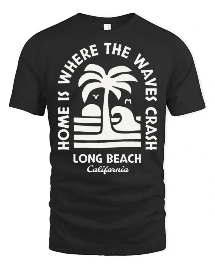 Long Beach California Waves Graphic Tee Retro Coastal Style - black t-shirt on white background