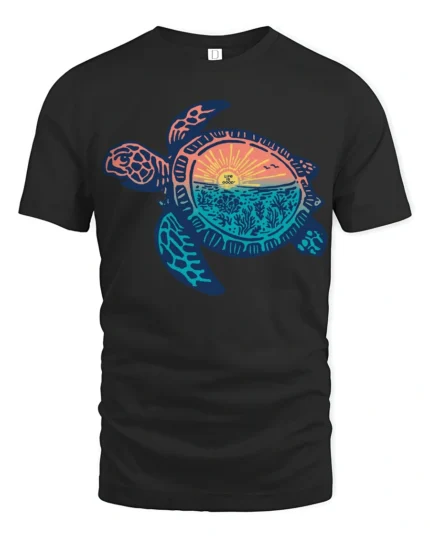 Sea Turtle Sunset Ocean Life Graphic Tee Coastal Aesthetic - black t-shirt on white background
