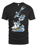 Ocean Adventure Ship In Bottle Wave Graphic Tee Nautical Art - black t-shirt on white background