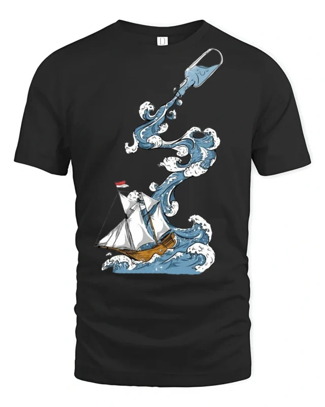 Ocean Adventure Ship In Bottle Wave Graphic Tee Nautical Art - black t-shirt on white background