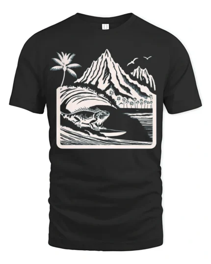 Surfing Iguana Mountain Wave Graphic Tee Tropical Adventure - black t-shirt on white background