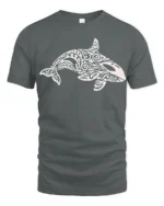 Tribal Orca Whale Ocean Graphic Tee Artistic Marine Style - gray t-shirt on white background