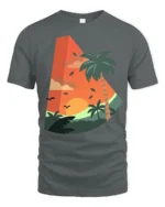 Tropical Sunset Palm Tree Graphic Tee Retro Summer Vibe - gray t-shirt on white background