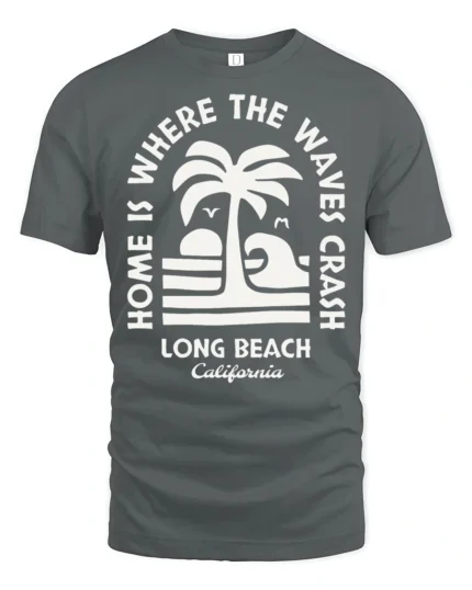 Long Beach California Waves Graphic Tee Retro Coastal Style - gray t-shirt on white background