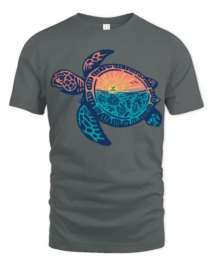 Sea Turtle Sunset Ocean Life Graphic Tee Coastal Aesthetic - gray t-shirt on white background