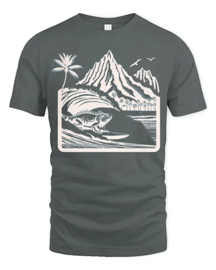 Surfing Iguana Mountain Wave Graphic Tee Tropical Adventure - gray t-shirt on white background