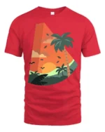 Tropical Sunset Palm Tree Graphic Tee Retro Summer Vibe - red t-shirt on white background
