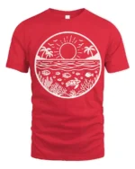 Ocean Sunset Marine Life Graphic Tee Coastal Nature Style - red t-shirt on white background