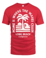 Long Beach California Waves Graphic Tee Retro Coastal Style - red t-shirt on white background