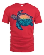 Sea Turtle Sunset Ocean Life Graphic Tee Coastal Aesthetic - red t-shirt on white background