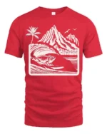 Surfing Iguana Mountain Wave Graphic Tee Tropical Adventure - red t-shirt on white background