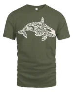 Tribal Orca Whale Ocean Graphic Tee Artistic Marine Style - military green t-shirt on white background