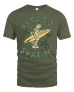 Lets Go Surfin Turtle Funny Beach Graphic Tee Retro Style - military green t-shirt on white background