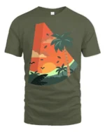 Tropical Sunset Palm Tree Graphic Tee Retro Summer Vibe - military green t-shirt on white background