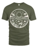 Ocean Sunset Marine Life Graphic Tee Coastal Nature Style - military green t-shirt on white background