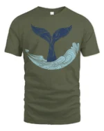 Whale Tail Ocean Wave Graphic Tee Minimal Marine Art Style - military green t-shirt on white background