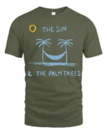 The Sun And Palm Trees Relax Graphic Tee Beach Chill Style - military green t-shirt on white background