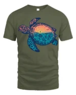 Sea Turtle Sunset Ocean Life Graphic Tee Coastal Aesthetic - military green t-shirt on white background