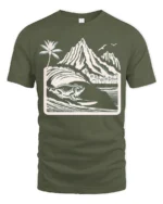 Surfing Iguana Mountain Wave Graphic Tee Tropical Adventure - military green t-shirt on white background