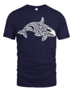 Tribal Orca Whale Ocean Graphic Tee Artistic Marine Style - navy t-shirt on white background