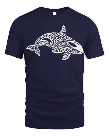 Tribal Orca Whale Ocean Graphic Tee Artistic Marine Style - navy t-shirt on white background