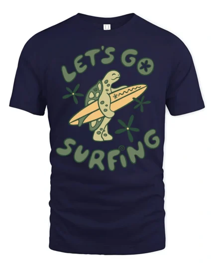 Lets Go Surfin Turtle Funny Beach Graphic Tee Retro Style - navy t-shirt on white background