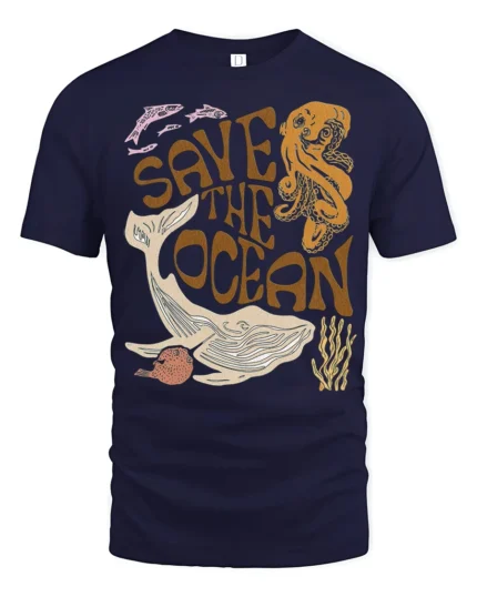 Save The Ocean Marine Life Graphic Tee Vintage Sea Style - navy t-shirt on white background