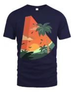 Tropical Sunset Palm Tree Graphic Tee Retro Summer Vibe - navy t-shirt on white background