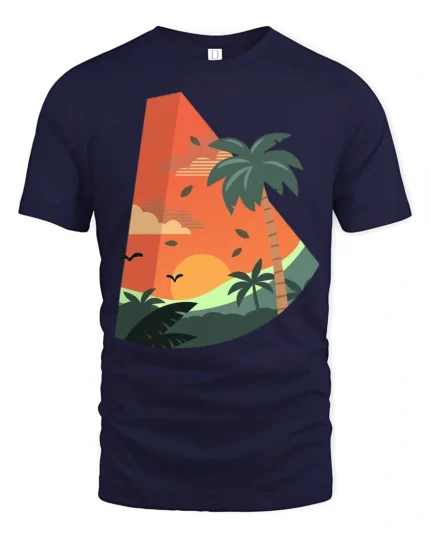 Tropical Sunset Palm Tree Graphic Tee Retro Summer Vibe - navy t-shirt on white background