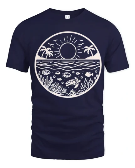 Ocean Sunset Marine Life Graphic Tee Coastal Nature Style - navy t-shirt on white background