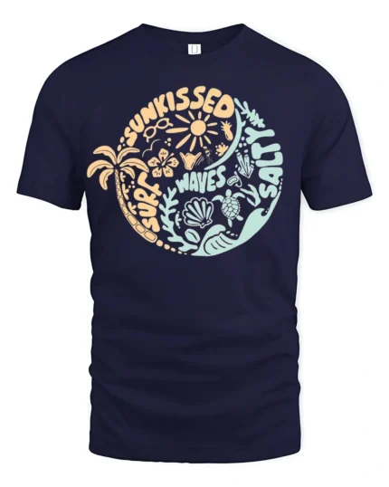 Sun Kissed Surf Waves Sand Graphic Tee Beach Summer Style - navy t-shirt on white background
