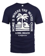 Long Beach California Waves Graphic Tee Retro Coastal Style - navy t-shirt on white background