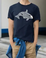 Tribal Orca Whale Ocean Graphic Tee Artistic Marine Style - model wearing navy tee with hands in pockets