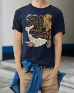 Save The Ocean Marine Life Graphic Tee Vintage Sea Style - model wearing navy tee with hands in pockets