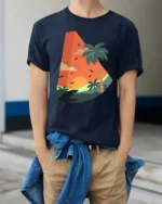 Tropical Sunset Palm Tree Graphic Tee Retro Summer Vibe - model wearing navy tee with hands in pockets