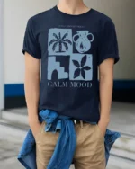 Calm Mood Minimal Aesthetic Graphic Tee Relaxed Lifestyle Style - model wearing navy tee with hands in pockets