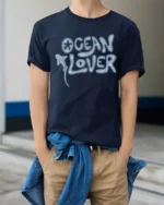 Ocean Lover Cute Marine Graphic Tee Coastal Life Style - model wearing navy tee with hands in pockets