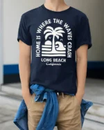 Long Beach California Waves Graphic Tee Retro Coastal Style - model wearing navy tee with hands in pockets