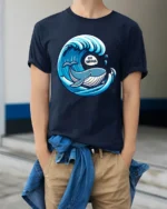 Oh Whale Funny Ocean Pun Graphic Tee Cute Sea Life Humor - model wearing navy tee with hands in pockets