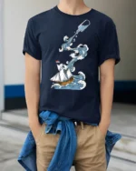 Ocean Adventure Ship In Bottle Wave Graphic Tee Nautical Art - model wearing navy tee with hands in pockets