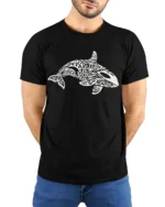 Tribal Orca Whale Ocean Graphic Tee Artistic Marine Style - model wearing black tee with hands behind back