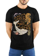 Save The Ocean Marine Life Graphic Tee Vintage Sea Style - model wearing black tee with hands behind back
