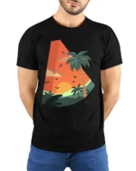 Tropical Sunset Palm Tree Graphic Tee Retro Summer Vibe - model wearing black tee with hands behind back