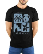 Calm Mood Minimal Aesthetic Graphic Tee Relaxed Lifestyle Style - model wearing black tee with hands behind back