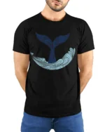 Whale Tail Ocean Wave Graphic Tee Minimal Marine Art Style - model wearing black tee with hands behind back