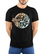 Sun Kissed Surf Waves Sand Graphic Tee Beach Summer Style - model wearing black tee with hands behind back