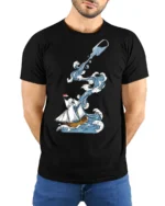 Ocean Adventure Ship In Bottle Wave Graphic Tee Nautical Art - model wearing black tee with hands behind back
